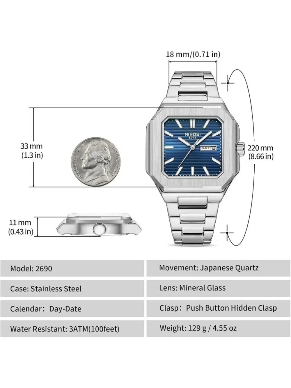 Nibosi Men's Silver Blue Analog Quartz Stainless Steel Waterproof Square Watch